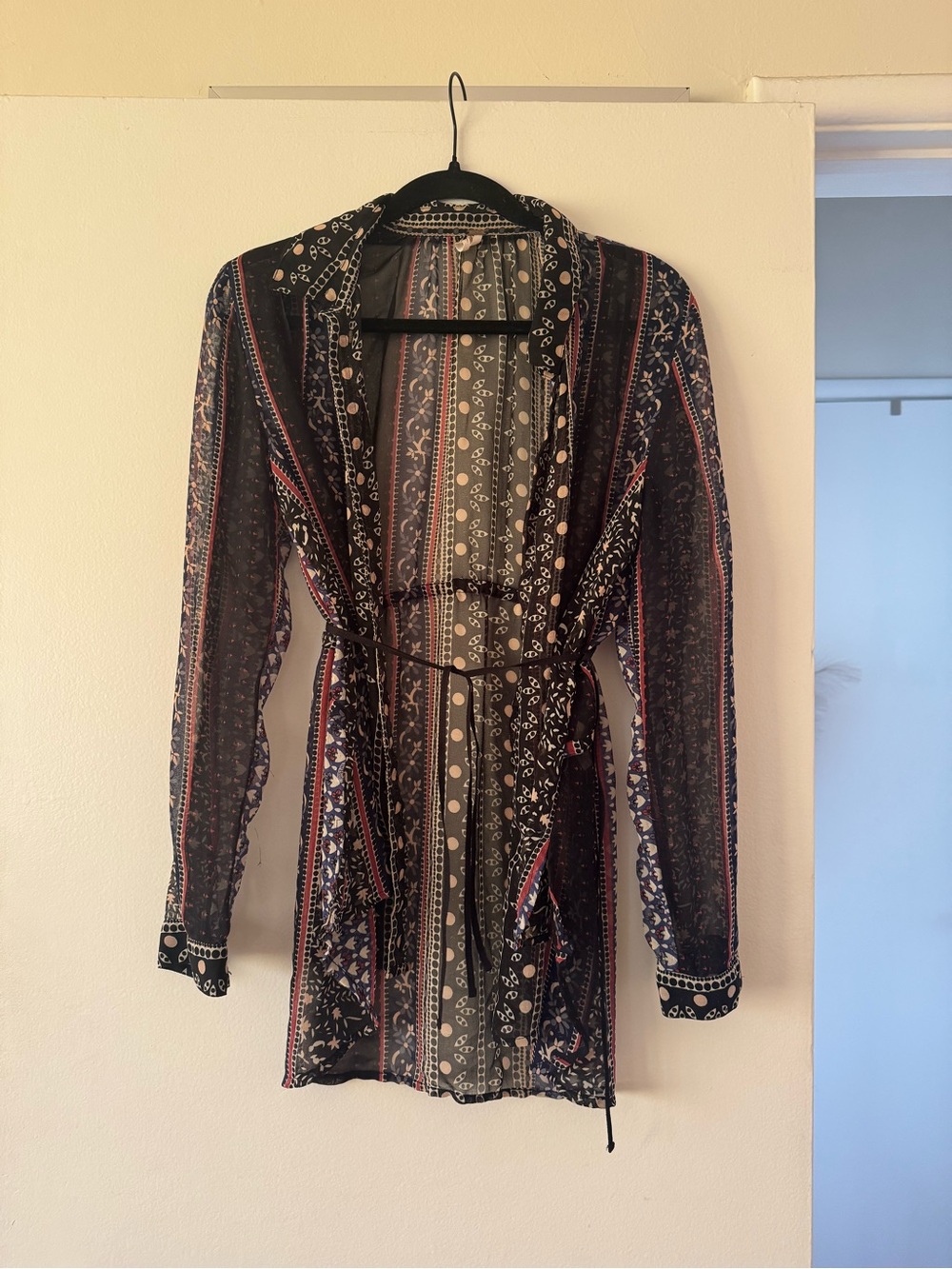 Free People Black and Cream Patterned Sheer Top